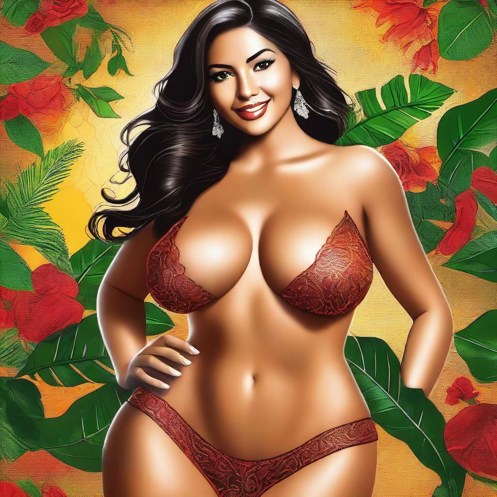 A striking digital art piece featuring a stunning Latina woman with large breasts