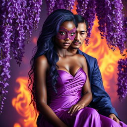 A mesmerizing scene set against a violet, fiery backdrop adorned with blooming purple wisteria flowers surrounding a stunning African maiden with captivating red eyes and long purple-blue locks