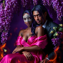 A mesmerizing scene set against a violet, fiery backdrop adorned with blooming purple wisteria flowers surrounding a stunning African maiden with captivating red eyes and long purple-blue locks