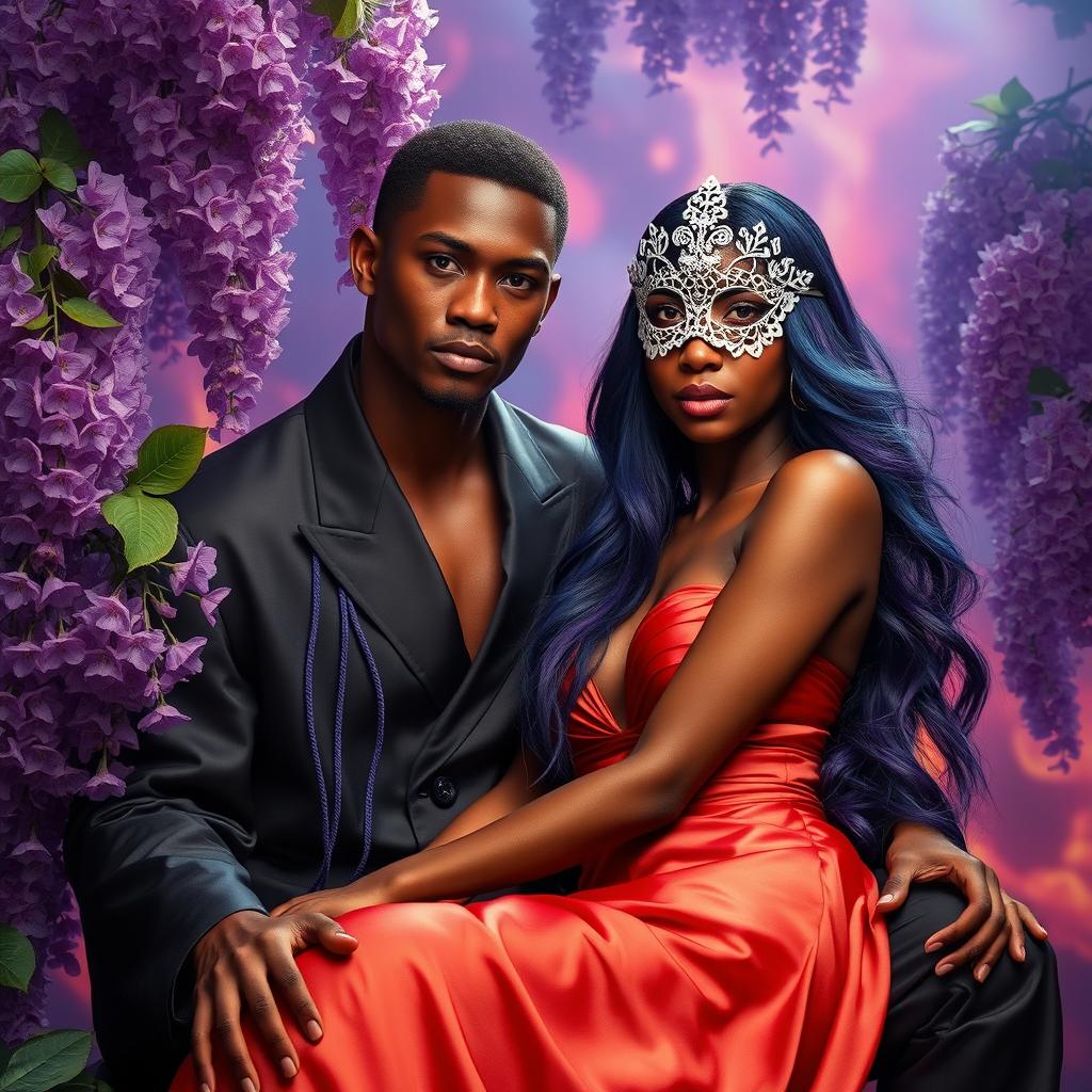 A mesmerizing scene set against a violet, fiery backdrop adorned with blooming purple wisteria flowers surrounding a stunning African maiden with captivating red eyes and long purple-blue locks