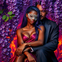 A mesmerizing scene set against a violet, fiery backdrop adorned with blooming purple wisteria flowers surrounding a stunning African maiden with captivating red eyes and long purple-blue locks