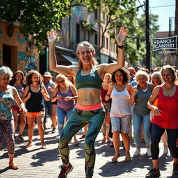 A vibrant outdoor scene depicting a dance fitness instructor leading a dynamic dance therapy session in a lively neighborhood