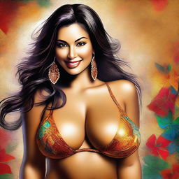 A striking digital art piece featuring a stunning Latina woman with large breasts