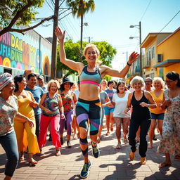 A vibrant outdoor scene depicting a dance fitness instructor leading a dynamic dance therapy session in a lively neighborhood