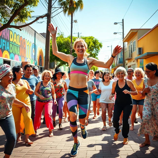 A vibrant outdoor scene depicting a dance fitness instructor leading a dynamic dance therapy session in a lively neighborhood
