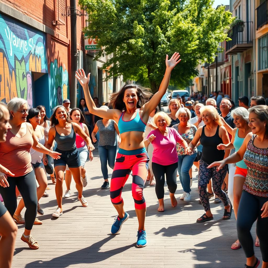 A vibrant outdoor scene depicting a dance fitness instructor leading a dynamic dance therapy session in a lively neighborhood