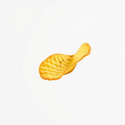 A single, realistic potato chip soaring through the air, captured in a dynamic moment that emphasizes its texture and curvature