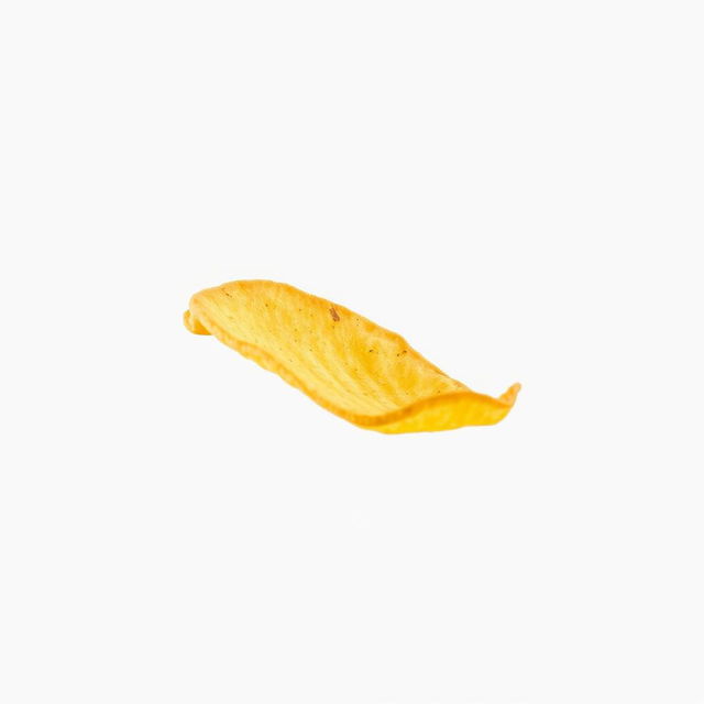 A single, realistic potato chip soaring through the air, captured in a dynamic moment that emphasizes its texture and curvature