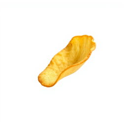 A single, realistic potato chip soaring through the air, captured in a dynamic moment that emphasizes its texture and curvature