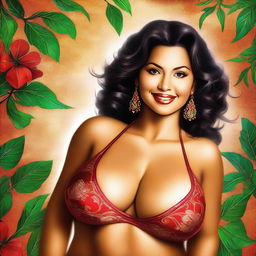 A striking digital art piece featuring a stunning Latina woman with large breasts