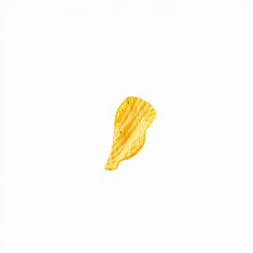 A single, realistic potato chip soaring through the air, frozen in mid-flight