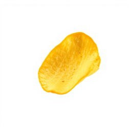 A single, realistic potato chip soaring through the air, frozen in mid-flight