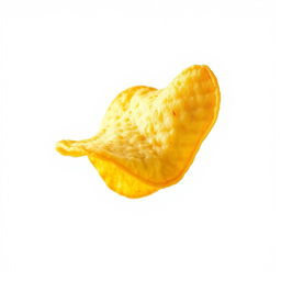 A single, realistic potato chip soaring through the air, frozen in mid-flight