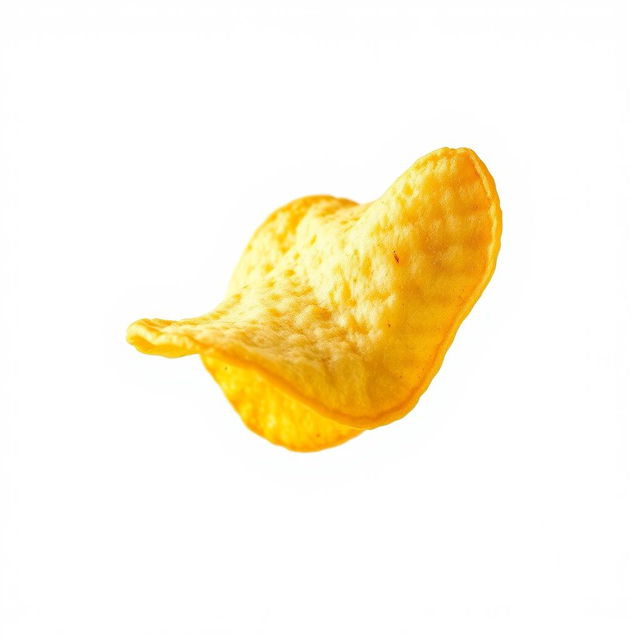 A single, realistic potato chip soaring through the air, frozen in mid-flight