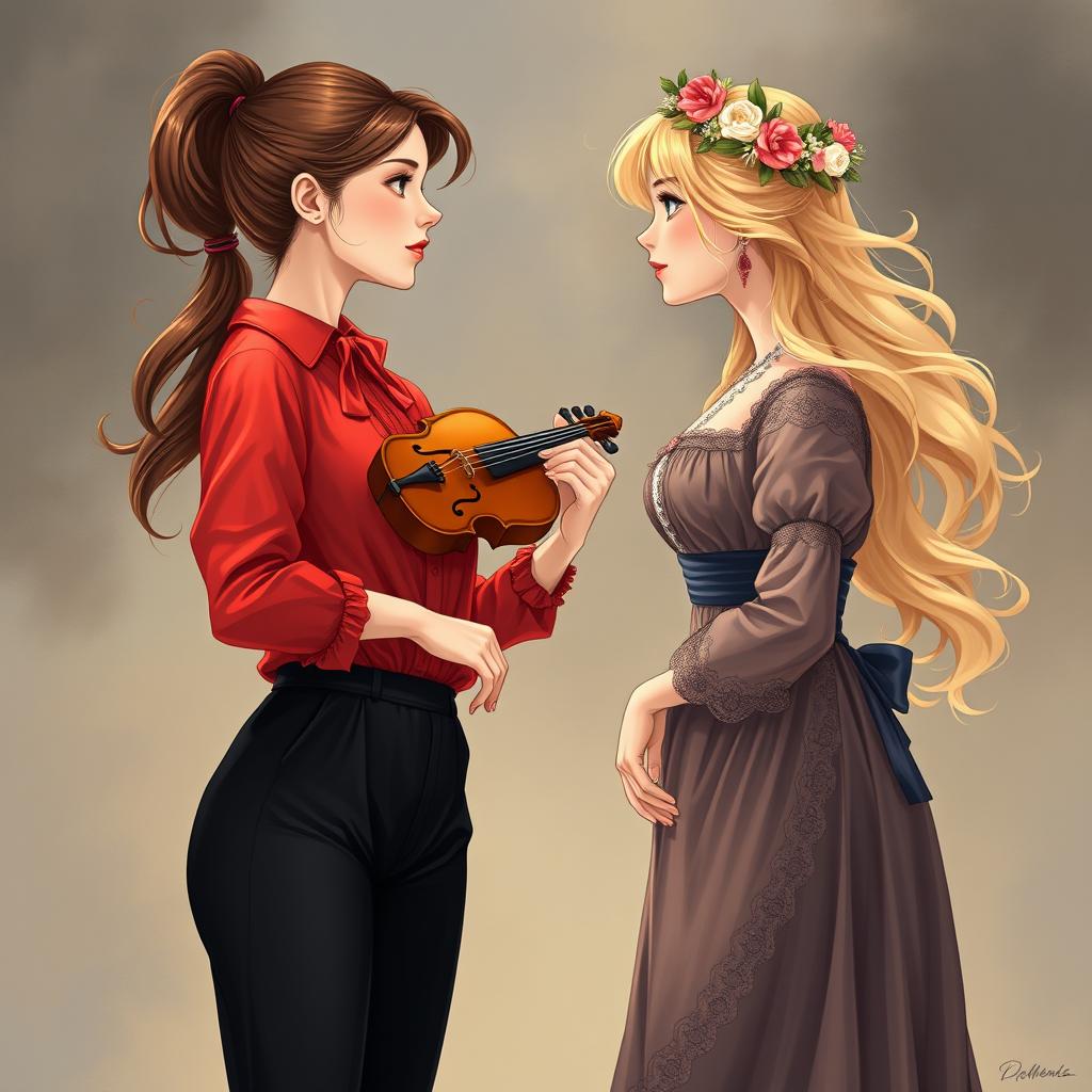 An enchanting illustration of two women in their 20's gazing at each other with fascination