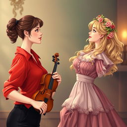 An enchanting illustration of two women in their 20's gazing at each other with fascination