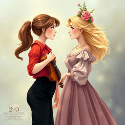 An enchanting illustration of two women in their 20's gazing at each other with fascination