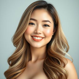 A stunningly beautiful Asian woman with porcelain white skin, featuring big, harmoniously shaped lips that enhance her captivating smile