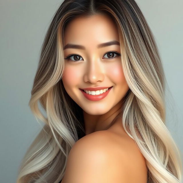 A stunningly beautiful Asian woman with porcelain white skin, featuring big, harmoniously shaped lips that enhance her captivating smile