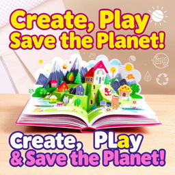 A vibrant promotional poster for an innovative craft product featuring 3D pop-up books made from recycled paper