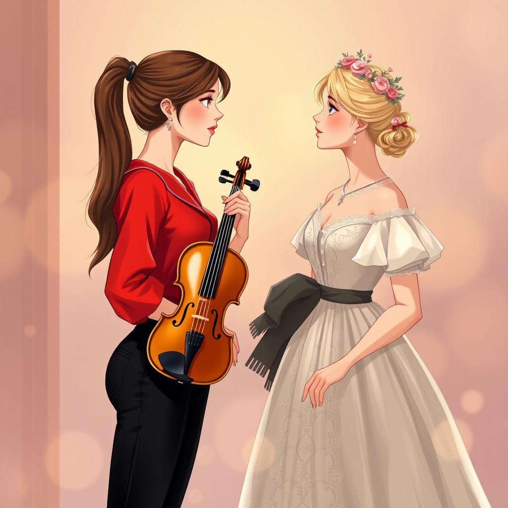 An illustration of two women in their 20s staring at each other with mesmerized expressions