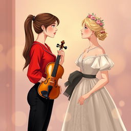 An illustration of two women in their 20s staring at each other with mesmerized expressions