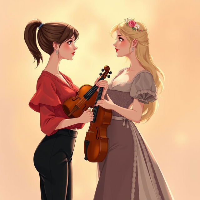 An illustration of two women in their 20s staring at each other with mesmerized expressions