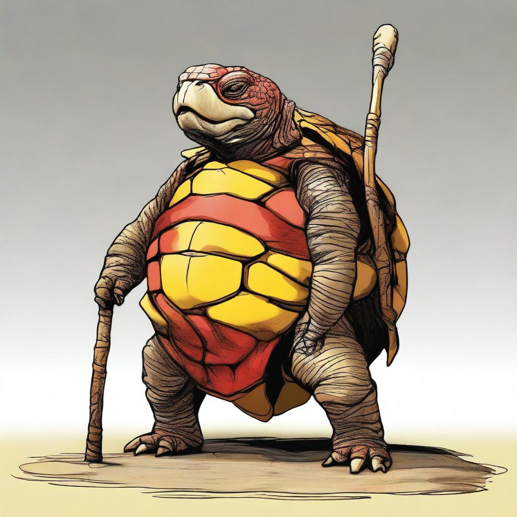 A digital art of a 6 ft, 500-pound tortle druid with a skin palette of red, yellow, and brown