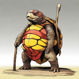 A digital art of a 6 ft, 500-pound tortle druid with a skin palette of red, yellow, and brown