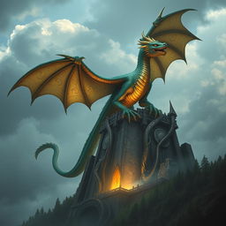 A majestic dragon perched atop a towering mountain, its scales shimmering in shades of emerald green and gold