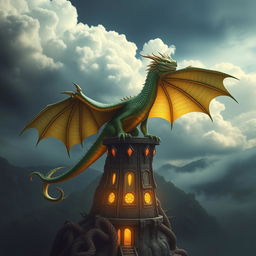 A majestic dragon perched atop a towering mountain, its scales shimmering in shades of emerald green and gold