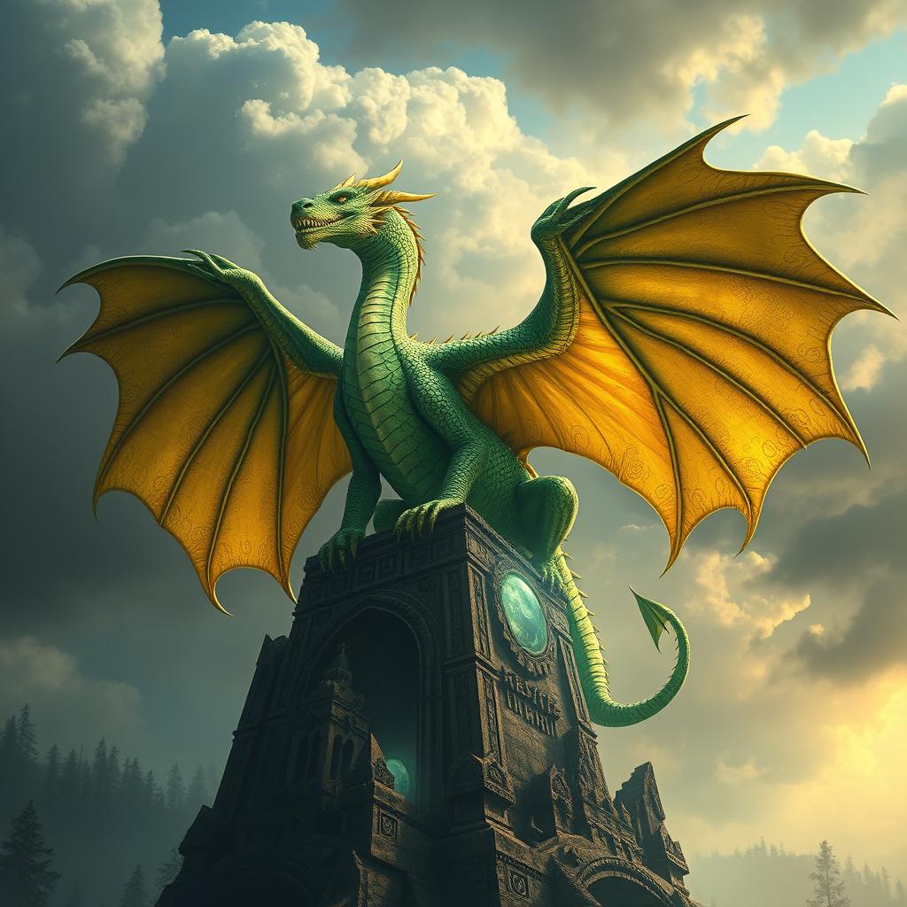 A majestic dragon perched atop a towering mountain, its scales shimmering in shades of emerald green and gold