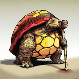 A digital art of a 6 ft, 500-pound tortle druid with a skin palette of red, yellow, and brown