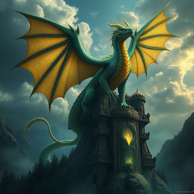 A majestic dragon perched atop a towering mountain, its scales shimmering in shades of emerald green and gold