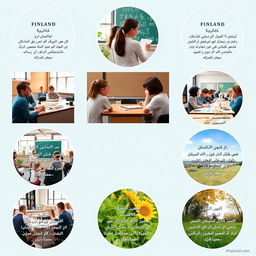 A visually appealing educational poster showcasing 8 real and natural photographs related to mathematics education in Finnish schools