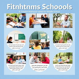 A visually appealing educational poster showcasing 8 real and natural photographs related to mathematics education in Finnish schools