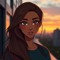 A female character with mid-brown skin tone and deep brown eyes, showcasing vibrant and lively expressions