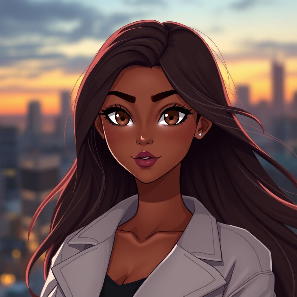 A female character with mid-brown skin tone and deep brown eyes, showcasing vibrant and lively expressions