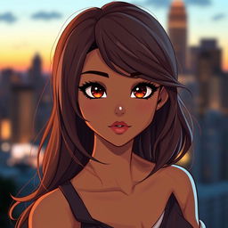 A female character with mid-brown skin tone and deep brown eyes, showcasing vibrant and lively expressions