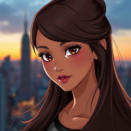 A female character with mid-brown skin tone and deep brown eyes, showcasing vibrant and lively expressions