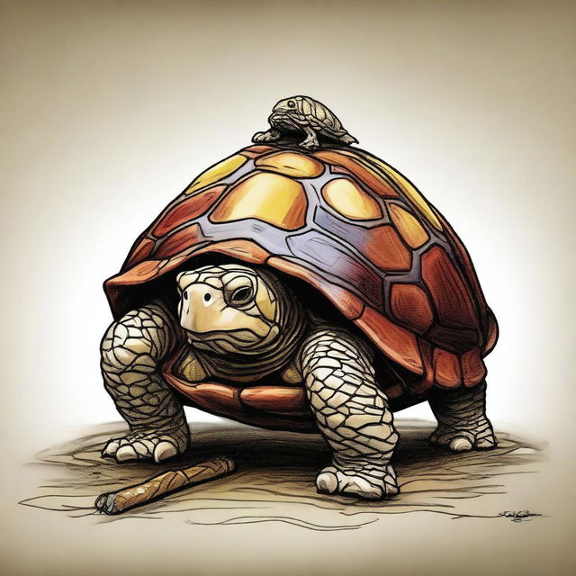 A digital art of a 6 ft, 500-pound tortle druid with a skin palette of red, yellow, and brown