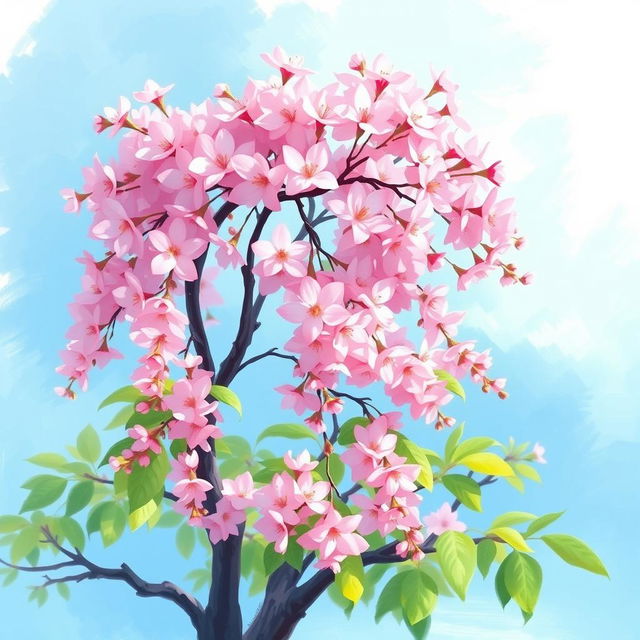 A beautiful cherry blossom tree in full bloom, with delicate pink flowers cascading from its branches, set against a soft blue sky