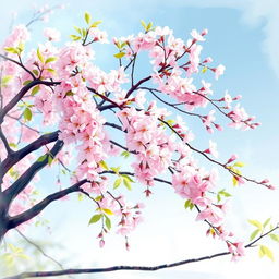 A beautiful cherry blossom tree in full bloom, with delicate pink flowers cascading from its branches, set against a soft blue sky