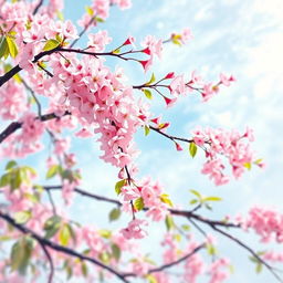 A beautiful cherry blossom tree in full bloom, with delicate pink flowers cascading from its branches, set against a soft blue sky