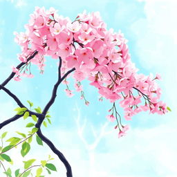 A beautiful cherry blossom tree in full bloom, with delicate pink flowers cascading from its branches, set against a soft blue sky