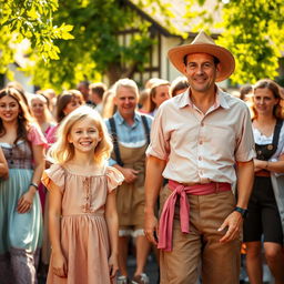 A vibrant scene in Pozuzo, featuring an 8-year-old girl with bright blonde hair wearing a charming skin-colored dress, smiling radiantly beside her parents