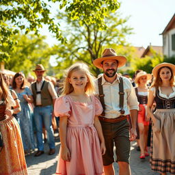 A vibrant scene in Pozuzo, featuring an 8-year-old girl with bright blonde hair wearing a charming skin-colored dress, smiling radiantly beside her parents