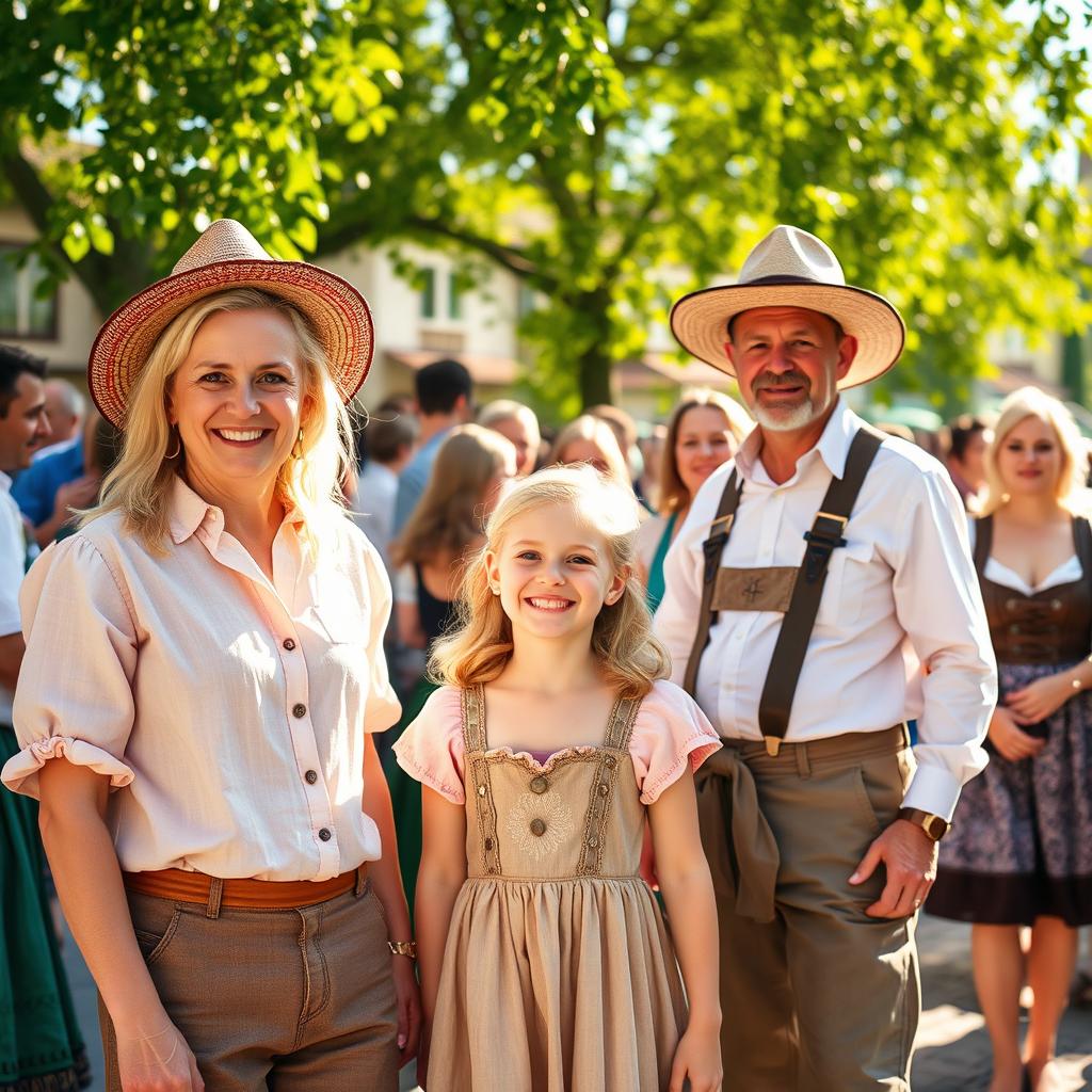 A vibrant scene in Pozuzo, featuring an 8-year-old girl with bright blonde hair wearing a charming skin-colored dress, smiling radiantly beside her parents