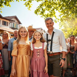 A vibrant scene in Pozuzo, featuring an 8-year-old girl with bright blonde hair wearing a charming skin-colored dress, smiling radiantly beside her parents