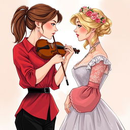 An illustration featuring two women in their 20s intensely staring at each other, captivated by one another